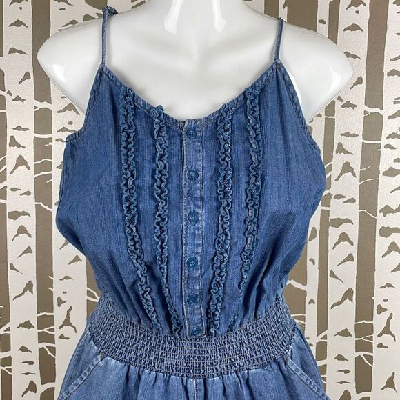 Blue Spice Denim Chambray Smocked Waist Romper M - Picture 2 of 8